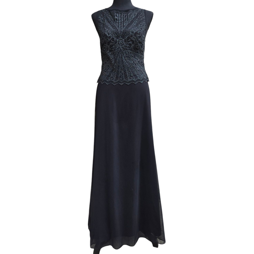 Tadashi Shoji Beaded Long Black Formal Evening Gown Dress Size Petite Medium
